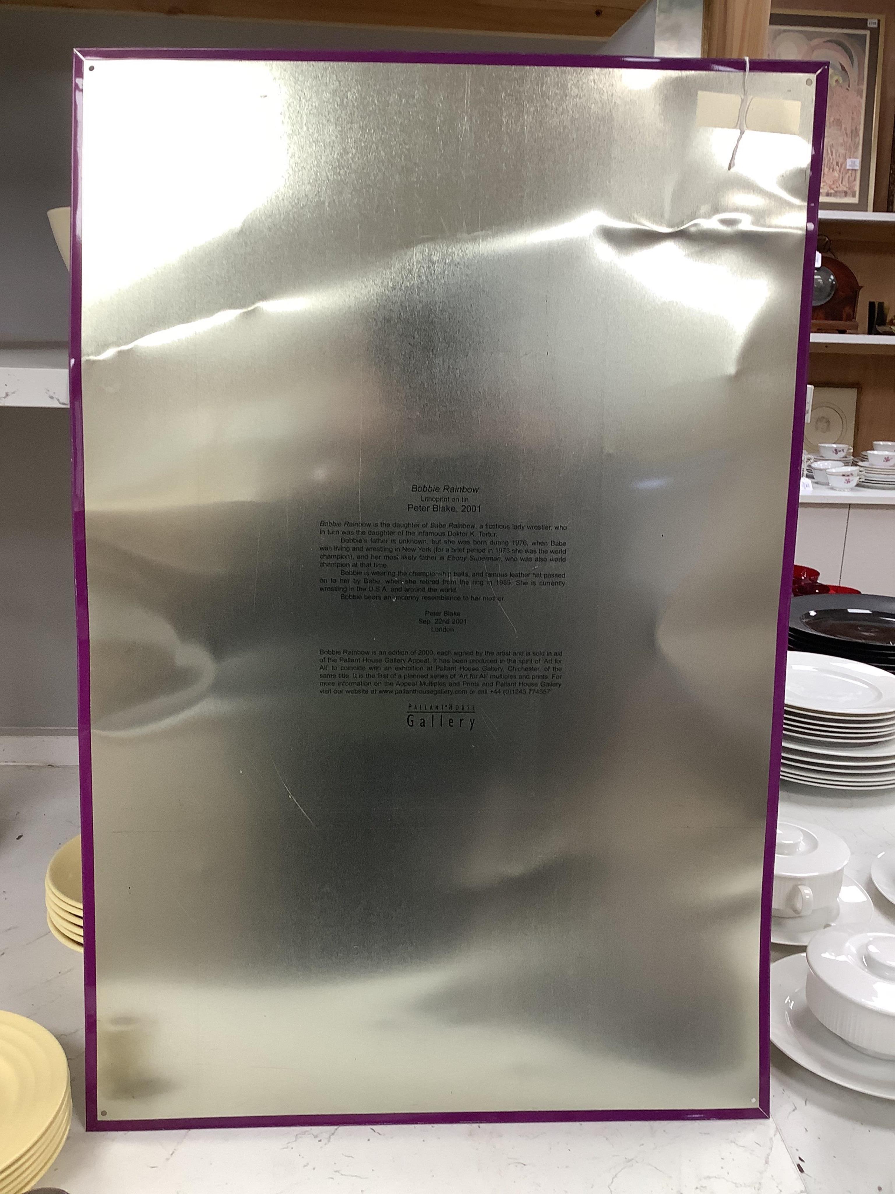 Peter Blake CBE RDI RA (b.1932), ‘Bobbie Rainbow, 2001’, signed and limited edition 274/2000, lithograph on tin panel, Pallant House Gallery stamp verso, unframed, 66 x 44cm